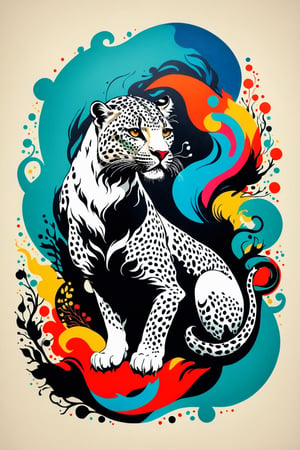 Vintage print design (on a white background:1.2), Silhouette drawing a rampant leopard, with colors ink pop art blackground, delicate, filigram, centered, intricate details, illustration style, Katsushika Hokusa Style, ink sketch, comic book,chinese dragon,Leonardo Style