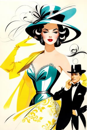 Old movie poster. Haute couture fashion illustration, gouache wash, ink, calligraphic lines, dainty, ornate. Delicate face, perfect face, world character design, vibrant colors, high-energy, detailed, iconic, minimalistic, concept art, in the style of  Kenneth Franklin, Alexa Todd, Jason Brooks, Soleil Ignacio, Megan Hess, Kerrie Hess, intricate detail, aesthetic portrait, cinematic moviemaker style,more detail XL, aw0k euphoric style,vintage_p_style, in the style of esao andrews,Masterpiece,secret,Fashion Illustration