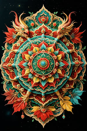 coloured pencil sketch, hand-drawn hexagonal mandala with intricate detail, the use of shading and texture with the strokes create depth and dimension, A mandala is a symbol of the universe in its ideal form, and its creation signifies the transformation of a universe of suffering into one of joy, Masterpiece, Top Quality, bright colors, red, cyan, yellow, green, by Elizabeth Polunin, dragon chinese