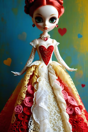 (realistic:1.3) Blythe doll, Haute couture, no particular features, of high fashion embroidery and lace DRESS, (long shot: 1.2) (frutiger style:1.3), (colorful:1.3), (2004 aesthetics:1.2).  swirls, heart \(symbol\), (gradient background:1.3) (dinamic pose: 1.3). Saturated colors, tonal transitions, detailed, minimalistic, concept art, intricate detail, World character design, high-energy, concept art, Masterpiece,iconic, PoP art,more detail XL, intricate colors blend, photorealism,leonardo,artint,sweetscape,ink 