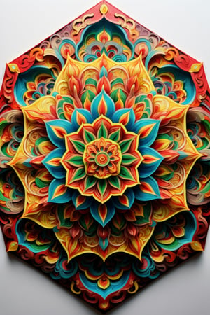 colored pencil sketch, hand-drawn hexagonal mandala with intricate detail, Masterpiece, Top Quality, bright colors, red, cyan, yellow, green, by Elizabeth Polunin, dragon chinese