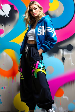 (fashion illustration:1.3) Haute couture, no particular features, of (graffiti urban style fashion: 1.3) embroidery hooded and jog skirt with sneakers, dinamic jumig pose || in the style of Izumi Kogahara  ||, (long shot: 1.2) (frutiger style:1.3), (colorful:1.3), (2004 aesthetics:1.2).  X, swirls, \(symbol\), (gradient background:1.3). Saturated colors, tonal transitions, detailed, minimalistic, concept art, intricate detail, World character design, high-energy, concept art, Masterpiece, Fashion Illustration,iconic, PoP art,more detail XL, intricate colors blend, photorealism,leonardo,artint,sweetscape,ink ,score_9
