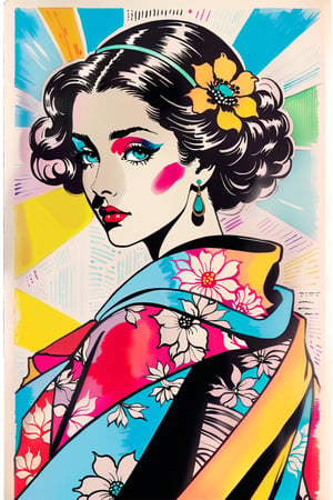 Vintage print design (on a white background:1.2), Silhouette drawing of a Dior italian woman model from the front, with colors ink pop art blackground, delicate, filigram, centered, intricate details, illustration style, Katsushika Hokusa Style, ink sketch, comic book