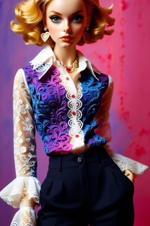 (realistic:1.3) Blythe doll, Haute couture, no particular features, of high fashion embroidery and lace shirt and pants, (long shot: 1.2) (frutiger style:1.3), (colorful:1.3), (2004 aesthetics:1.2).  swirls, heart \(symbol\), (gradient background:1.3) (dinamic pose: 1.3). Saturated colors, tonal transitions, detailed, minimalistic, concept art, intricate detail, World character design, high-energy, concept art, Masterpiece,iconic, PoP art,more detail XL, intricate colors blend, photorealism,leonardo,artint,sweetscape,ink 