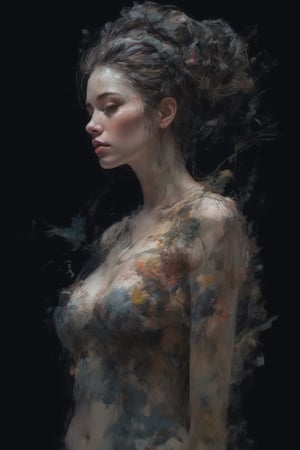 (Paint woman (Primer paint:1.5), Artstation trends, digital art, portrait, beautiful art, black background) paint of female, acrylic paint, ultra detailed, pastel colours, show full body, pure form, minalmilistic, unfinished, concept art, by carne griffiths and wadim kashin, painting hyper-realistic, intricate detail 
,PoP art