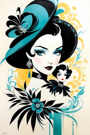 Old movie poster. Haute couture fashion illustration, gouache wash, ink, calligraphic lines, dainty, ornate. Delicate face, perfect face, world character design, vibrant colors, high-energy, detailed, iconic, minimalistic, concept art, in the style of  Kenneth Franklin, Alexa Todd, Jason Brooks, Soleil Ignacio, Megan Hess, Kerrie Hess, intricate detail, aesthetic portrait, cinematic moviemaker style,more detail XL, aw0k euphoric style,vintage_p_style, in the style of esao andrews,Masterpiece,secret,Fashion Illustration,Flat vector art,oil paint 