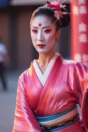 close up cinematic photo of a geisha dancing in the street, wielding a fan in one hand in Neo-Tokyo, cinematic, 4k, 8k uhd, dslr, soft lighting, high quality, film grain,ktrmkp  face paint,photorealistic,Masterpiece,ktrmkp  makeup,ktrmkp,makeup,Vogue