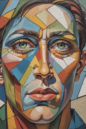 close high angle shot, || portrait of a introspective man face with strokes of color that draws the image ||, Cubist artwork, artistic oil painting stick,Cubist artwork,art_booster,colorful