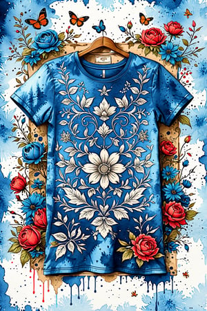 Vintage tshirt print design (on a watercolor paper background:1.2), damask pattern with flowers, technical drawing, blueprint, schematic, centered, intricate details, illustration style, Leonardo Style, ink sketch, itacstl,comic book,retro ink,bl3uprint,Blossom