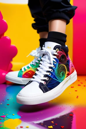 (fashion illustration:1.3) Haute couture, no particular features, of (urban style fashion: 1.3) embroidery sneakers, dinamic dancing pose || in the style of Izumi Kogahara  ||, (long shot: 1.2) (frutiger style:1.3), (colorful:1.3), (2004 aesthetics:1.2).  swirls, heart \(symbol\), (gradient background:1.3). Saturated colors, tonal transitions, detailed, minimalistic, concept art, intricate detail, World character design, high-energy, concept art, Masterpiece, Fashion Illustration,iconic, PoP art,more detail XL, intricate colors blend, photorealism,leonardo,artint,sweetscape,ink ,score_9