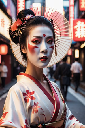 close up cinematic photo of a geisha dancing in the street, wielding a fan in one hand in Neo-Tokyo, cinematic, 4k, 8k uhd, dslr, soft lighting, high quality, film grain,ktrmkp  face paint,photorealistic,Masterpiece,ktrmkp  makeup,ktrmkp,makeup,Vogue,Ptcard,vintagepaper