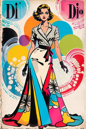 Vintage tshirt print design (on a white background:1.2), Retro Silhouette drawing of a Dior italian woman model from the front on the catwalk, with colors ink pop art blackground, delicate, filigram, centered, intricate details, illustration style, Katsushika Hokusa Style, ink sketch, comic book