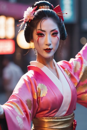 close up cinematic photo of a geisha dancing in the street, wielding a fan in one hand in Neo-Tokyo, cinematic, 4k, 8k uhd, dslr, soft lighting, high quality, film grain,ktrmkp  face paint,photorealistic,Masterpiece,ktrmkp  makeup,ktrmkp,makeup,Vogue