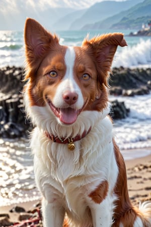 a super cute white and red Border Collie with honey eyes and folding downwards ears on a side shore with waves on the background, smiling dog, cyberpunk style, ((intricate details)), hdr, ((intricate details, hyperdetailed)), cinematic shot, vignette ,Extremely Realistic