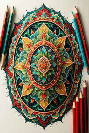 coloured pencil sketch, hand-drawn hexagonal mandala with intricate detail, the use of shading and texture with the strokes create depth and dimension, A mandala is a symbol of the universe in its ideal form, and its creation signifies the transformation of a universe of suffering into one of joy, Masterpiece, Top Quality, bright colors, red, cyan, yellow, green, by Elizabeth Polunin, dragon chinese