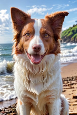 a super cute white and red Border Collie with honey eyes and floppy ears on a side shore with waves on the background, smiling dog, cyberpunk style, ((intricate details)), hdr, ((intricate details, hyperdetailed)), cinematic shot, vignette ,Extremely Realistic
