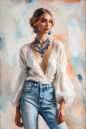 Haute couture fashion illustration, of high fashion necklace with jeans, dinamic pose (extremly close up shot:1.3)   || in the style of Izumi Kogahara and Stuart Weitzman ||, Saturated colors, oil paint, tonal transitions, high-energy, iconic, uncluttered maximalism, concept art, intricate detail, calligraphic lines. pastel drawing, illustrative art, soft lighting, more Flowing rhythm, elegant, low contrast, add soft blur with thin line, World character design, high-energy, minimalistic, concept art, in style of Soleil Ignacio, Megan Hess, Kerrie Hess, more detail XL, aw0k euphoric style, Masterpiece, Fashion Illustration, style, glide_fashion, monkren, aw0k euphoric style, oil painting,vapor_graphic, aesthetic portrait, style of Edvard Munch,artistic oil painting stick, eldmeisterOG,oil paint, fflixmj6, belinskaya, palette knife painting