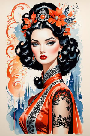 Old movie poster. Haute couture fashion illustration, gouache wash, ink, calligraphic lines, dainty, ornate. Delicate face, perfect face, world character design, vibrant colors, high-energy, detailed, iconic, minimalistic, concept art, in the style of  Kenneth Franklin, Alexa Todd, Jason Brooks, Soleil Ignacio, Megan Hess, Kerrie Hess, intricate detail, aesthetic portrait, cinematic moviemaker style,more detail XL, aw0k euphoric style,vintage_p_style, in the style of esao andrews,Masterpiece,secret,Fashion Illustration,Flat vector art,oil paint ,T-shirt design,nlgtstyle,Cubist artwork 