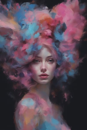 (Paint woman (Primer paint:1.5), Artstation trends, digital art, portrait, beautiful art, black background) paint of female, acrylic paint, ultra detailed, pastel colours, show full body, pure form, minalmilistic, unfinished, concept art, painting hyper-realistic, intricate detail 
,PoP art