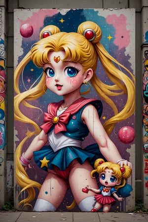 sailor moon, in the style of street art aesthetic, cute cartoonish designs, photo-realistic techniques, multicolored, childhood arcadias, anime aesthetic, cartoon-like figures