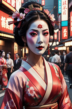 close up cinematic photo of a geisha dancing in the street, wielding a fan in one hand in Neo-Tokyo, cinematic, 4k, 8k uhd, dslr, soft lighting, high quality, film grain,ktrmkp  face paint,photorealistic,Masterpiece,ktrmkp  makeup,ktrmkp,makeup,Vogue,Ptcard,vintagepaper,drwbk coloring book drawing,comic book,DonM3l3m3nt4lXL
