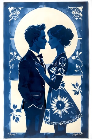Cyanotype print "of a modern love affair", Prussian blue tones, distinctive coloration, high contrast, blueprint aesthetics, atmospheric mood, sun-exposed paper, silhouette effects, delicate details, historical charm, handmade and experimental quality,technical drawing, blueprint, schematic,bl3uprint