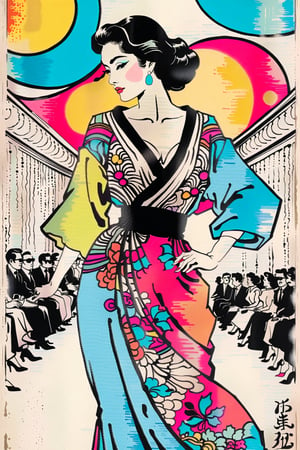 Vintage tshirt print design (on a white background:1.2), Retro Silhouette drawing of a Dior italian woman model from the front on the catwalk, with colors ink pop art blackground, delicate, filigram, centered, intricate details, illustration style, Katsushika Hokusa Style, ink sketch, comic book