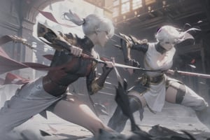(masterpiece, top quality, best quality, official art, beautiful and aesthetic:1.2), (2girl), extreme detailed,(fantasy, fractal art:1.3),white hair,highest detailed, detailed_eyes, fight in the city, full body to feet,girl,fight monsters,
 fight scene 2 girls fighting, dust, smoke, weapon, katana, holding weapon,  dynamic pose, motion blur, emphasis line, sparks, plasma, aura,  , KatanaOneHand, ,fight scene,punching