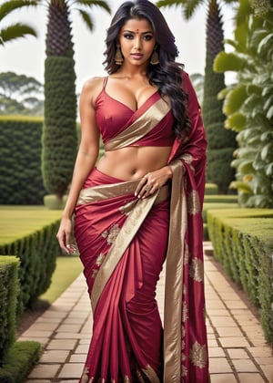 indian looking good women wearing a descend red white saree ,sexy look on the face and body,realistic,instagram.