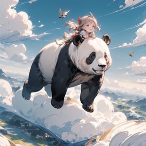 The little girl is riding on the back of a docile large panda, and the two are flying freely among the clouds.