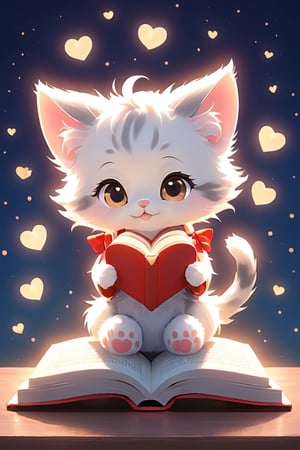 Star Heart Library - A little kitten reads heart-shaped books in a star-lit library.