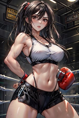 2girls,boxer,incredibly absurdres,cowboy_shot,attack sandbag,fighting posture,boxing glove,gym,tiny breasts,