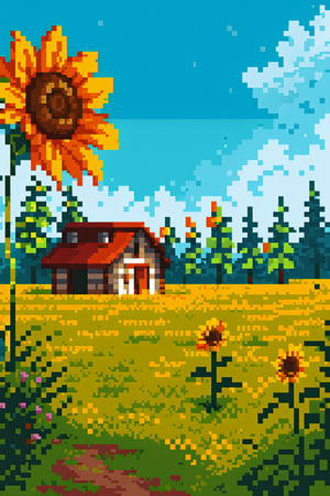 cabin , forest , sky, day, cloud, tree, blue sky, petals, no humans, sunflowers, yellow flower,incredibly stunning image,Pixel art,pixel world,Pixel world
