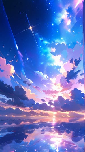 outdoors, sky, cloud, water, blue sky, no humans, sparkle, cloudy sky, star \(sky\), scenery, starry sky, reflection, sunset, horizon