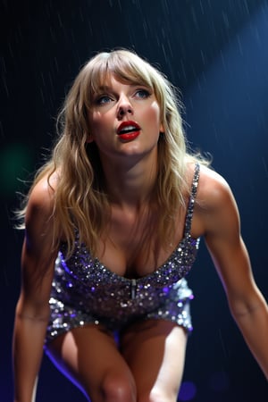 professional photo, taySwift, sequin dress, short dress, barefoot, singing on stage in the rain, ((wet hair, wet clothes)), dynamic pose, closeup, pov from below, looking down at viewer, eye contact