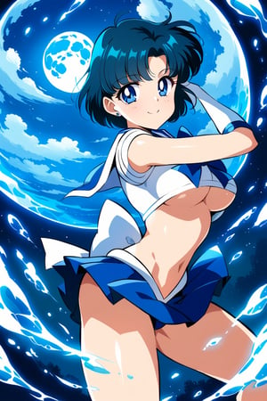 (masterpiece, best quality, very aesthetic, ultra detailed), intricate details, 4k, aamercury, smile, blue eyes, blue hair, short hair, parted bangs, blue skirt, miniskirt, pleated skirt, sailor collar, sailor senshi uniform, midriff, (underboob, upskirt), fighting stance, water magic, space background, (large blue moon in background), wide shot