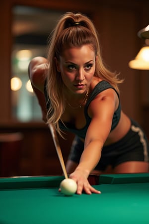 kaleycuoco playing billiards, ponytail, crop top, tight shorts, (looking at viewer)