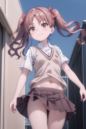 kuroko shirai, (smile, smirk:1.16) brown hair, long hair, (parted bangs:1.2), (brown eyes:1.2), ringlets, twintails, hair bow, bow, red bow, , black skirt, miniskirt, pleated skirt, (unbuttoned collared shirt:1.14), dress shirt, armband, safety pin, school uniform, shirt, short sleeves, summer uniform, sweater vest, (midriff, cleavage:1.2), tokiwadai school uniform, twintails, white shirt, (brown sweater vest:1.2), (jumping from rooftop, upskirt, pov from below, looking down at viewer:1.16), (masterpiece, highest quality:1.2)