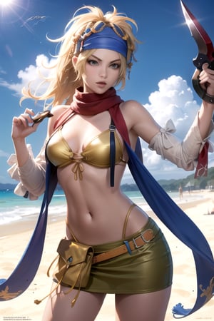 RikkuX2, blue headband, yellow bikini, scarf, skirt, navel, detached sleeves, bikini top only, holding weapons, dynamic pose, beach, detailed background