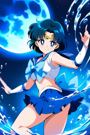 (masterpiece, best quality, very aesthetic, ultra detailed), intricate details, 4k, aamercury, smile, blue eyes, blue hair, short hair, parted bangs, blue skirt, miniskirt, pleated skirt, sailor collar, sailor senshi uniform, midriff, (upskirt), fighting stance, water magic, space background, (large blue moon in background), wide shot