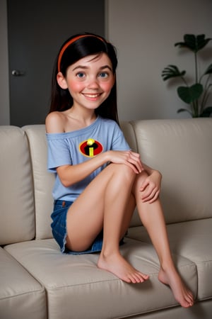 score_9, score_8_up, score_7_up,, source_photo, phototraphy, realistic, rating_questionable, VioletP, youthful facial features, blush, smile, petite build, short stature, denim miniskirt, short skirt, loose shirt, logo, exposed shoulder, headband, dynamic pose, sitting on couch, (one_leg_up, holding knee:1.15) living room