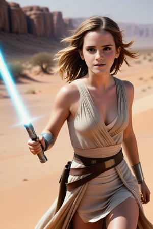 Emma Watson  as jedi, long hair, smile,JediStyle, realistic skin texture, realistic moving hair, (thigh, cleavage) walking in desert, dynamic shot, closeup,