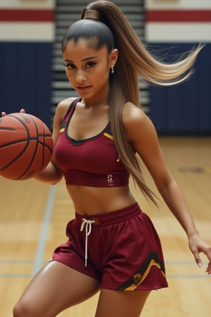 candid photo of Ariana Grande playing basketball, high ponytail, basketball jersey, midriff, braless, tight shorts, sweating, glistening skin, closeup, looking at viewer