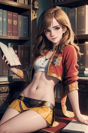 (masterpiece, best quality, ultra-detailed, 8K:1.2) Emma Watson, (hogwarts uniform, gryffindor) (smug smile:1.14), long hair, midriff, underboob, miniskirt, (detailed face, detailed eyes, both eyes the same, realistic skin texture, glistening skin), (holding book), sitting on table in library, closeup