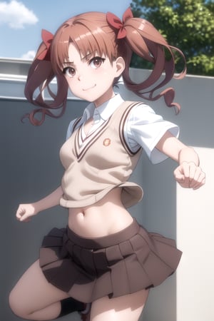 kuroko shirai, (smile, smirk:1.16) brown hair, long hair, (parted bangs:1.2), (brown eyes:1.2), ringlets, twintails, hair bow, bow, red bow, , black skirt, miniskirt, pleated skirt, unbuttoned collared shirt, dress shirt, armband, safety pin, school uniform, shirt, short sleeves, summer uniform, sweater vest, (midriff, cleavage:1.2), tokiwadai school uniform, twintails, white shirt, (brown sweater vest:1.2), (jumping from rooftop, upskirt), (masterpiece, highest quality:1.2)