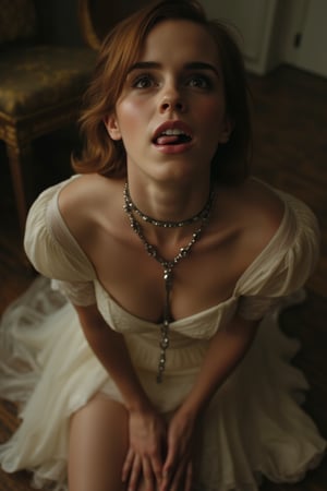 Emma Watson, slave bride kneeling in front of viewer, (metal slave collar, shackles:1.14), (skimpy wedding dress), (chained to the floor:1.18), looking up at viewer, mouth open, (tongue out:1.12), begging, pov from above