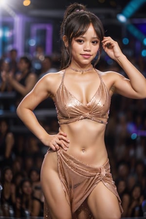 1girl, Jenna Ortega, smirk, high ponytail, clubwear, halter dress, tight dress, microdress, (dancing, dynamic pose), sharp focus, photorealistic, nightclub, (bokeh:1.18), (unfocused background), neon lights,