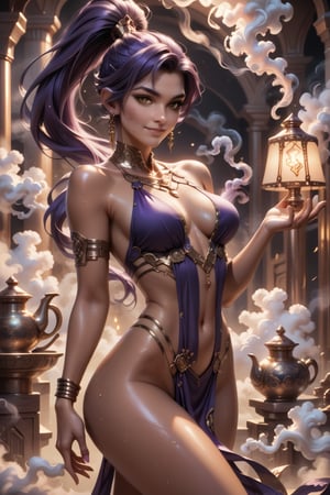 rating_questionable, score_9, score_8_up, score_7_up, beautiful sexy female genie of the lamp, smile, detailed face, high ponytail, purple hair, tan skin, gold eyes, sexy legs, glistening skin, sweat, (surrounded by smoke), (fantasy aesthetic, detailed background:1.15), dynamic pose,FuturEvoLabVFX, wide_shot