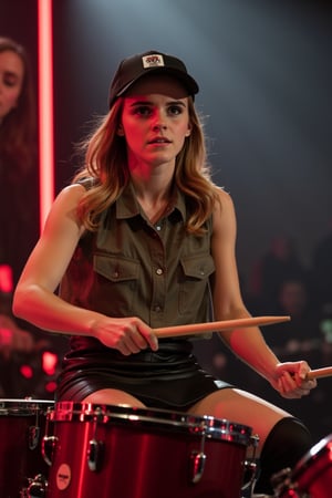 Emma Watson as drummer, sitting, playing drums on stage, sleeveless shirt, leather miniskirt, backwards baseball cap, holding drumbsticks, dynamic pose, wide shot, facing viewer