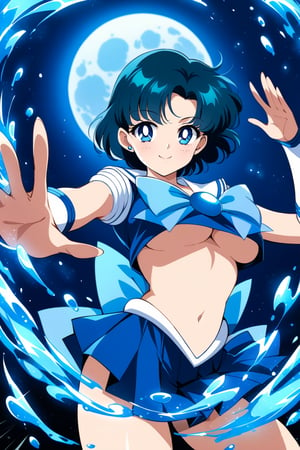 (masterpiece, best quality, very aesthetic, ultra detailed), intricate details, 4k, aamercury, smile, blue eyes, blue hair, short hair, parted bangs, blue skirt, miniskirt, pleated skirt, sailor collar, sailor senshi uniform, midriff, (underboob, upskirt), fighting stance, water magic, space background, (large blue moon in background), wide shot